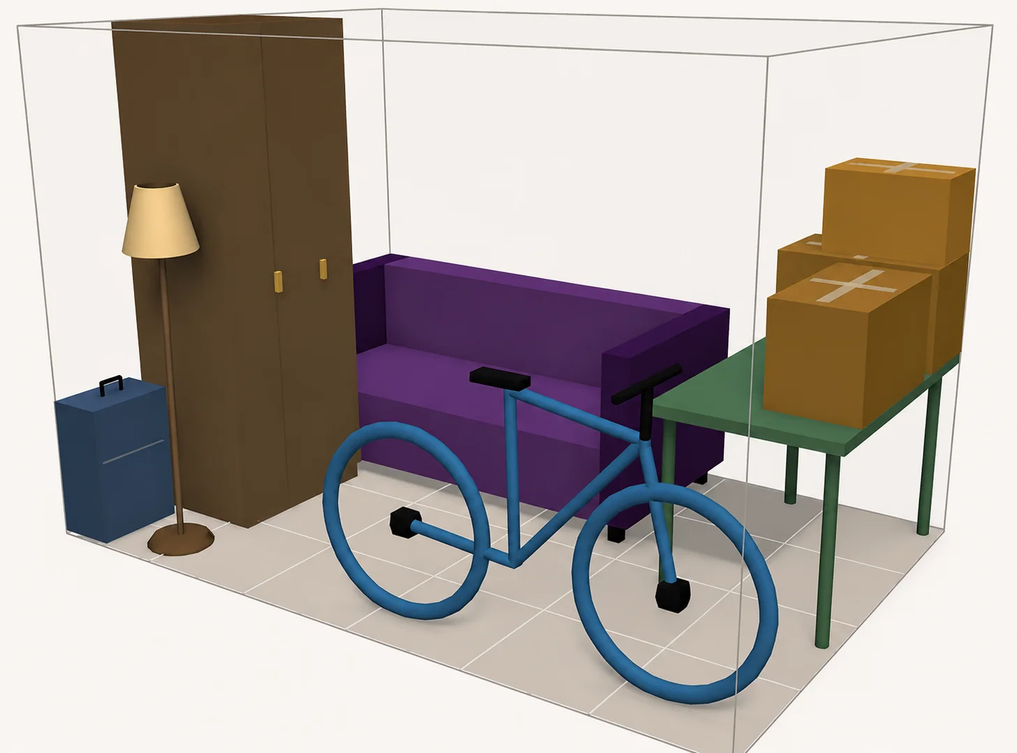 3D-illustration av ett självlagringsförråd med möbler, cykel och kartonger